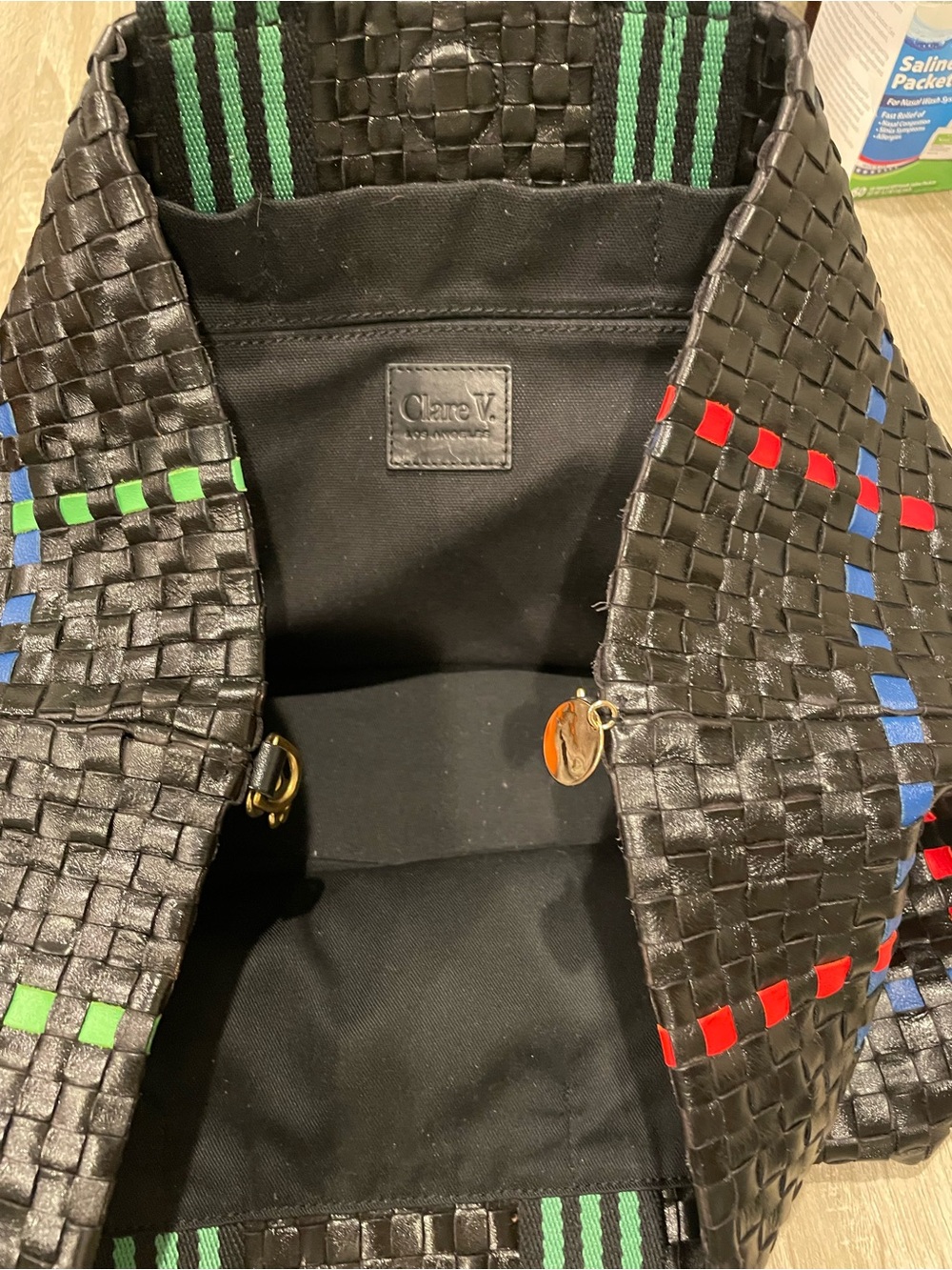 Clare V. Black Woven Leather Shoulder Bag with Red, Blue & Green Accents - Picture 3 of 4
